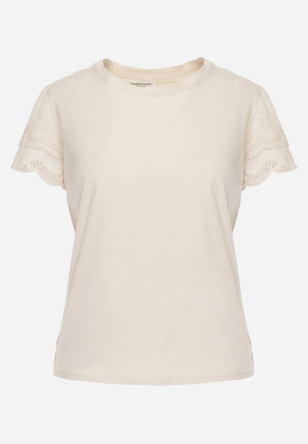 Born2be - Beżowy Bawełniany T-shirt z Koronkowymi Rękawami Carilynore. Okazja: na co dzień. Kolor: beżowy. Materiał: bawełna, koronka. Styl: elegancki, klasyczny, casual