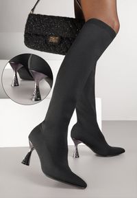 Renee - Czarne Kozaki Vices ze Skarpetkową Cholewką na Klepsydrze z Cyrkoniami Gioluna. Okazja: na imprezę. Zapięcie: bez zapięcia. Kolor: czarny. Materiał: jeans. Szerokość cholewki: normalna. Obcas: na obcasie. Styl: elegancki. Wysokość obcasa: średni #1