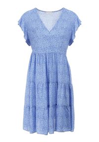 Born2be - Niebieska Sukienka Diomanassa. Typ kołnierza: dekolt w serek. Kolor: niebieski. Materiał: tkanina. Wzór: kwiaty, nadruk. Sezon: wiosna, lato. Długość: mini #4