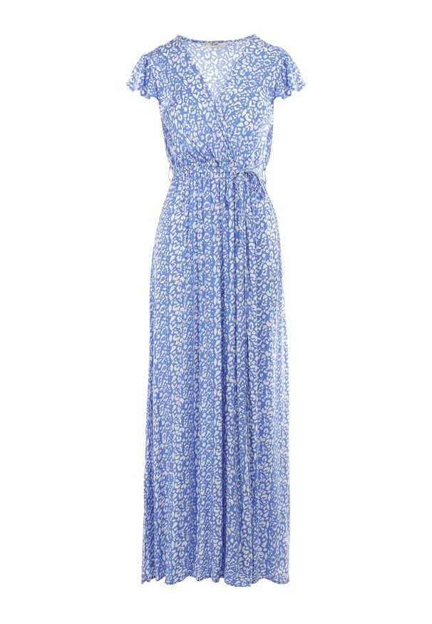 Born2be - Niebieska Sukienka z Wiskozy Kephestra. Okazja: na co dzień. Typ kołnierza: dekolt w kształcie V. Kolor: niebieski. Wzór: aplikacja. Typ sukienki: proste, kopertowe. Materiał: wiskoza. Długość rękawa: krótki rękaw. Styl: casual, wizytowy. Długość: maxi