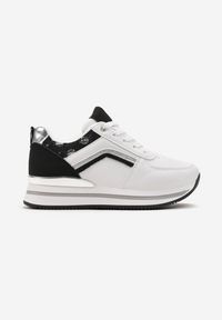 Born2be - Biało-Czarne Sznurowane Sneakersy na Płaskiej Podeszwie Zdobione Brokatem Gerine. Kolor: biały. Materiał: materiał. Wzór: aplikacja. Obcas: na płaskiej podeszwie
