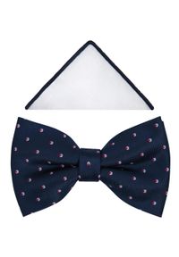 Modini - Granatowa mucha w biało-czerwone drobne kropki A356. Kolor: biały, wielokolorowy, czerwony, niebieski. Materiał: bawełna, poliester, tkanina. Wzór: kropki. Styl: elegancki #1