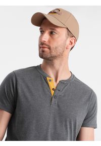Ombre Clothing - T-shirt męski z okrągłym rozpinanym dekoltem henley – grafitowy V6. Okazja: na co dzień. Typ kołnierza: typu henley. Kolor: szary. Materiał: poliester, bawełna. Styl: casual #4