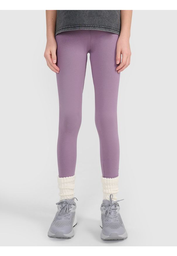 4f - 4F Legginsy dzianinowe dziewczęce - fioletowe 164 (13-14 lat). Okazja: na co dzień. Stan: podwyższony. Kolor: fioletowy. Materiał: dzianina. Wzór: ze splotem, gładki, jednolity. Sezon: lato. Styl: casual, sportowy