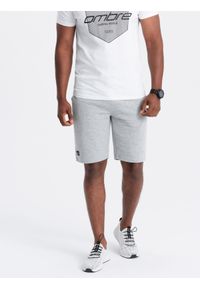 Ombre Clothing - Krótkie męskie spodenki dresowe z dzianiny ottoman – szare V2. Kolor: szary. Materiał: dzianina, dresówka. Długość: krótkie. Wzór: aplikacja. Sezon: lato