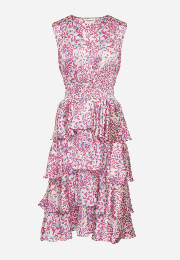 Born2be - Różowa Sukienka z Kopertowym Dekoltem i Gumką w Pasie z Falbankami Dimolia. Okazja: na co dzień. Typ kołnierza: kołnierz z falbankami. Kolor: różowy. Materiał: tkanina, skóra. Sezon: lato. Typ sukienki: kopertowe. Styl: casual, elegancki, klasyczny