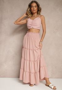 Renee - Różowa Rozkloszowana Spódnica z Gumką w Talii Zdobiona Falbanami Dovinelle. Okazja: na co dzień. Kolor: różowy. Wzór: aplikacja. Styl: casual, elegancki