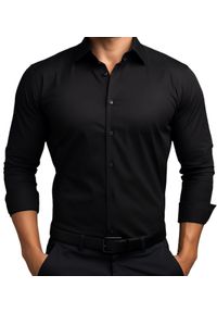 Mmer / Villaro - Koszule męskie - Czarna elastyczna koszula męska z długim rękawem VILLARO L06. Kolor: czarny. Materiał: poliester, bawełna, tkanina. Długość rękawa: długi rękaw. Długość: długie. Styl: klasyczny #1