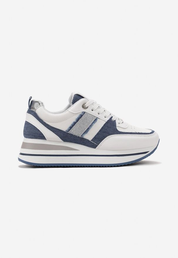 Born2be - Biało-Niebieskie Sneakersy na Grubej Podeszwie z Materiałowymi Wstawkami i Brokatem Omifa. Kolor: biały. Materiał: materiał. Wzór: aplikacja