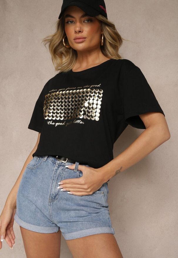 Renee - Czarny T-shirt z Bawełny z Naszytymi Cekinami Avenelli. Okazja: na co dzień. Kolor: czarny. Materiał: bawełna. Wzór: aplikacja. Styl: klasyczny, elegancki, casual