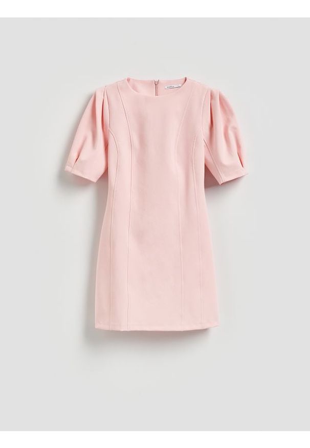 Reserved - Sukienka z bufiastymi rękawami - brzoskwiniowy. Kolor: pomarańczowy. Materiał: tkanina. Wzór: gładki