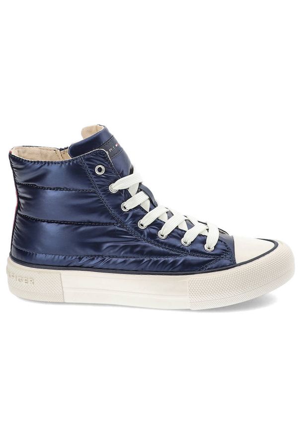 TOMMY HILFIGER - Granatowe Trampki Tommy Hilfiger Modne Pikowane Buty Damskie. Kolor: niebieski. Materiał: skóra ekologiczna, materiał. Szerokość cholewki: normalna. Styl: sportowy