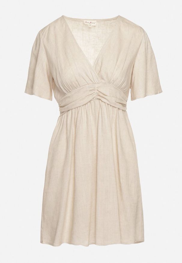 Born2be - Jasnobeżowa Sukienka z Dekoltem w Serek i Cienkimi Gumkami w Pasie Lovarina. Okazja: na co dzień, do pracy. Typ kołnierza: dekolt w serek. Kolor: beżowy. Długość rękawa: krótki rękaw. Typ sukienki: proste. Styl: casual