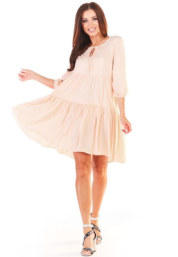 Beżowa sukienka rozkloszowana Awama boho, mini
