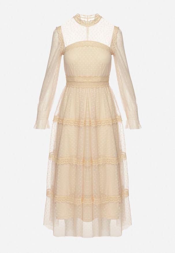 Born2be - Beżowa Rozkloszowana Sukienka Maxi z Koronką Jorissa. Typ kołnierza: dekolt w serek. Kolor: beżowy. Materiał: koronka. Wzór: koronka. Styl: klasyczny. Długość: maxi