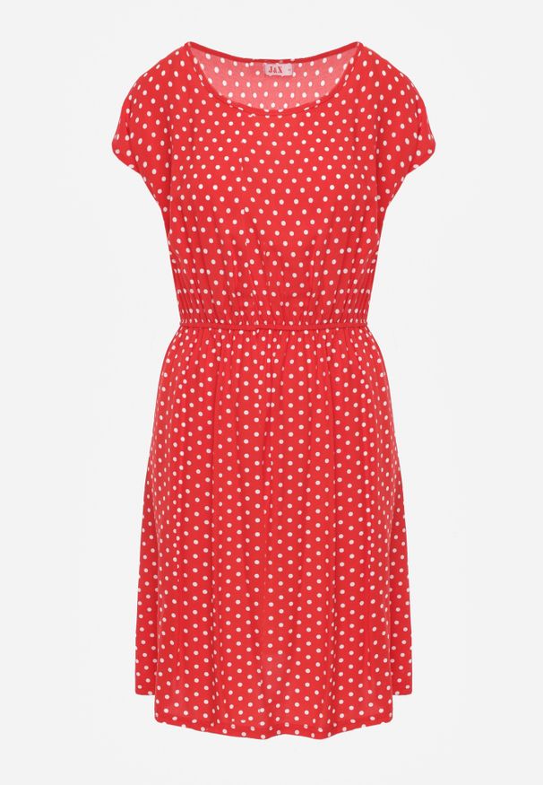 Renee - Czerwona Rozkloszowana Sukienka Retro z Wiskozy w Groszki Tetia. Kolor: czerwony. Materiał: wiskoza. Długość rękawa: krótki rękaw. Wzór: grochy. Typ sukienki: rozkloszowane. Styl: retro