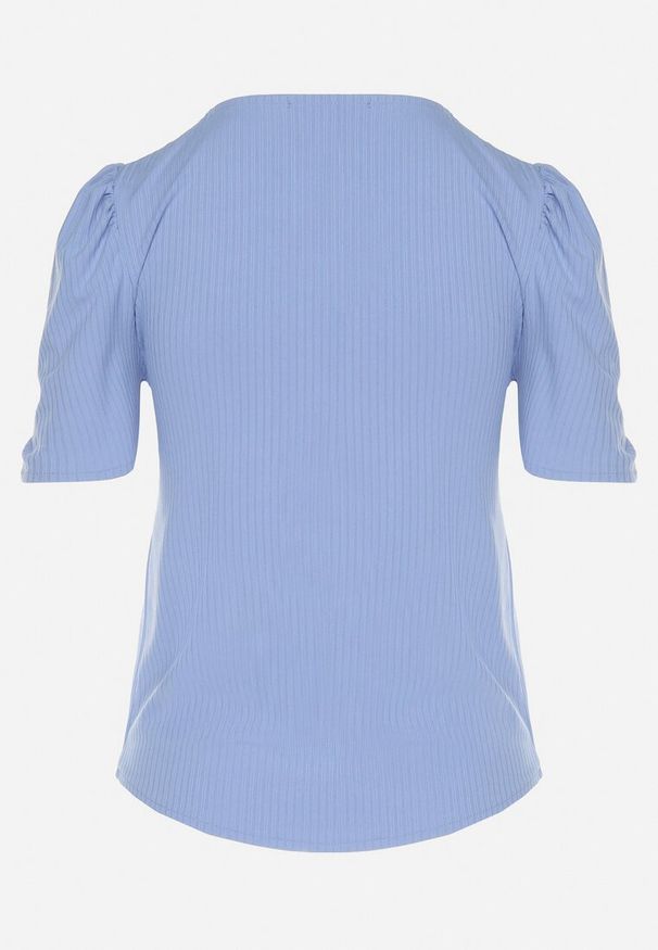 Born2be - Niebieski Prążkowany T-shirt z Zakładkami przy Rękawach Kolanovia. Okazja: na co dzień. Kolor: niebieski. Materiał: prążkowany. Styl: casual
