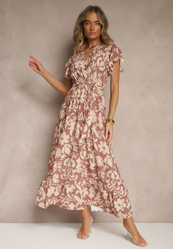 Renee - Ciemnobeżowa Rozkloszowana Sukienka w Kwiatowy Wzór z Paskiem Niloreia. Okazja: na co dzień. Kolor: beżowy. Wzór: kwiaty. Typ sukienki: proste. Styl: elegancki, casual, klasyczny