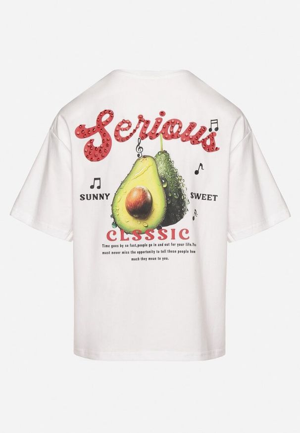 Born2be - Biały T-shirt z Bawełną i Motywem Awokado Addixa. Okazja: na co dzień. Kolor: biały. Materiał: bawełna. Styl: klasyczny, casual