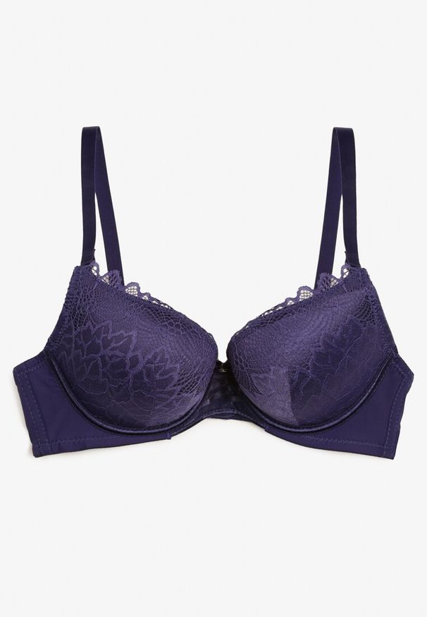 Renee - Fioletowy Biustonosz Push Up z Ozdobną Koronką i Zawieszką Gialine. Kolor: fioletowy. Materiał: koronka. Rodzaj stanika: push-up. Wzór: koronka
