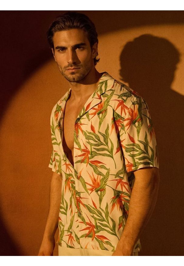 Sinsay - Wiskozowa koszula z motywem roślinnym - błękitny. Kolor: niebieski. Materiał: wiskoza