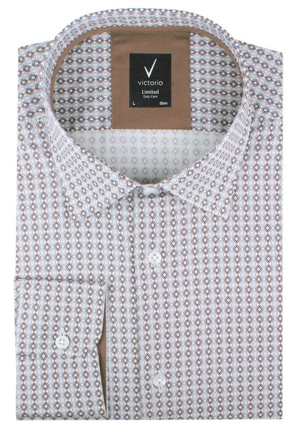 Bawełniana Koszula Elegancka, Slim - Victorio - Brązowo-Niebieski Drobny Wzór. Kolor: wielokolorowy. Materiał: bawełna, elastan. Styl: elegancki