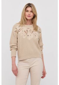 TwinSet - Twinset sweter damski kolor beżowy lekki. Kolor: beżowy. Materiał: materiał, dzianina. Długość rękawa: długi rękaw. Długość: długie. Wzór: haft #1
