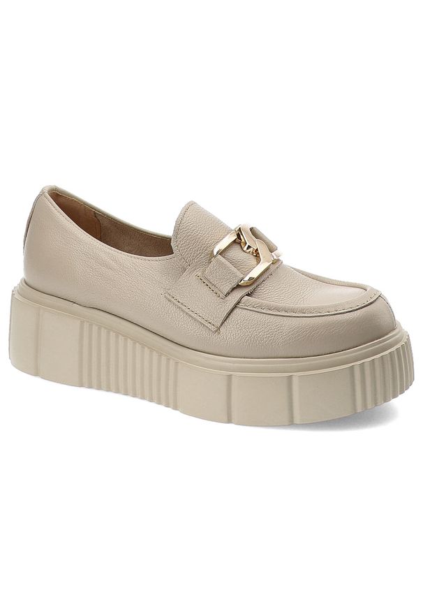 Beżowe Półbuty Armodo Modne Obuwie Damskie. Okazja: na co dzień. Zapięcie: klamry. Kolor: beżowy. Materiał: skóra. Styl: casual, elegancki, klasyczny