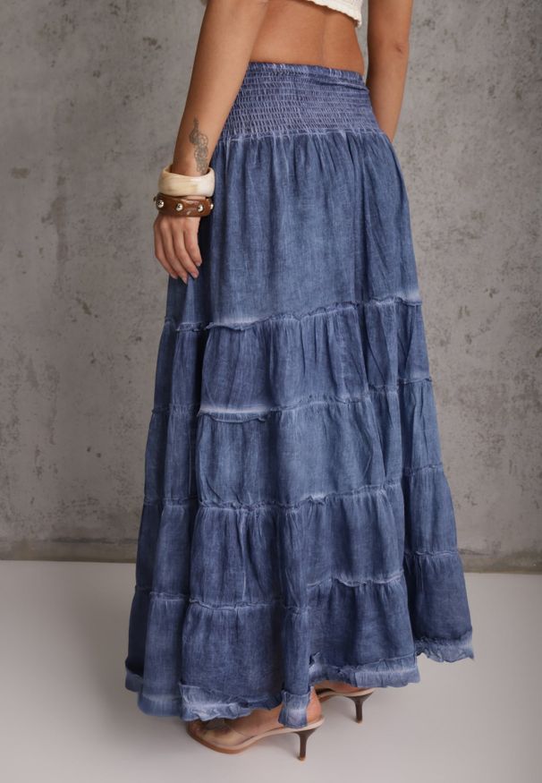 Renee - Niebieska Kaskadowa Bawełniana Spódnica High Waist Stylizowana na Denimową Ealnas. Okazja: na co dzień. Stan: podwyższony. Kolor: niebieski. Materiał: bawełna. Długość: krótkie. Styl: casual