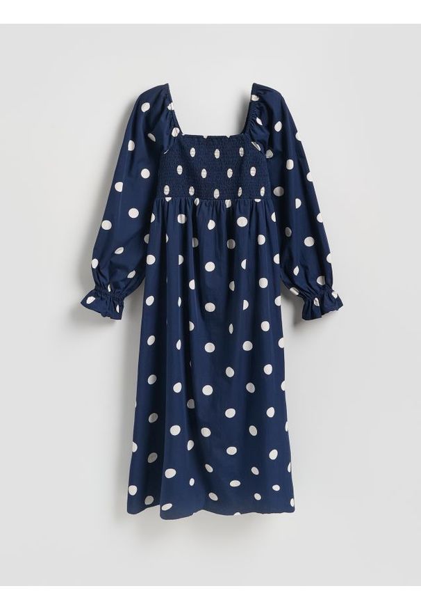 Reserved - Bawełniana sukienka w groszki - granatowy. Kolor: niebieski. Materiał: bawełna. Wzór: grochy
