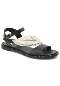 Czarno Złote Sandały Armodo Stylowe Obuwie Damskie Z Liściem. Okazja: na co dzień. Zapięcie: pasek. Kolor: czarny. Materiał: skóra. Wzór: paski. Styl: elegancki