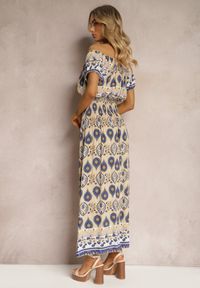 Renee - Beżowo-Niebieska Sukienka na Lato z Bawełny z Modelującą Gumką w Talii Deorna. Kolor: beżowy. Materiał: bawełna. Sezon: lato #4