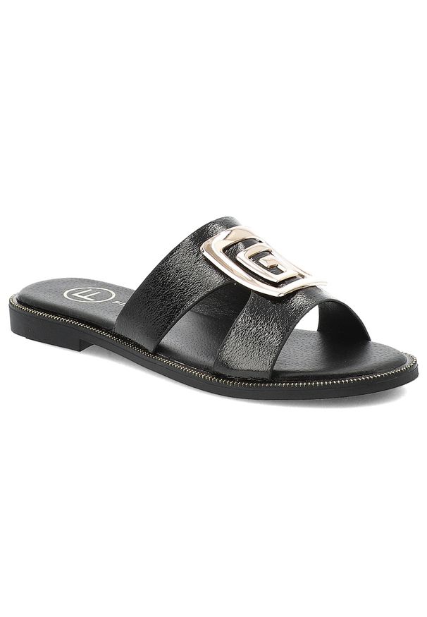 Czarne Klapki Filippo Modne Obuwie Damskie. Okazja: na co dzień, na spacer. Kolor: czarny. Wzór: geometria, aplikacja. Sezon: lato. Styl: elegancki, street, klasyczny, casual, wizytowy