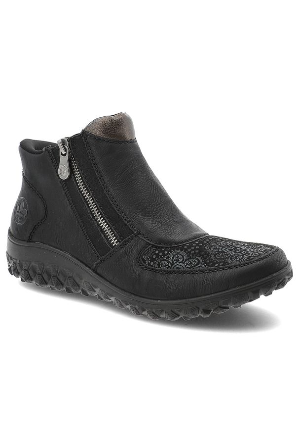 Czarne Botki Rieker Wygodne Obuwie Damskie. Okazja: na co dzień. Zapięcie: zamek. Kolor: czarny. Materiał: skóra ekologiczna, jeans. Wzór: aplikacja. Sezon: zima, jesień. Styl: klasyczny, casual, elegancki