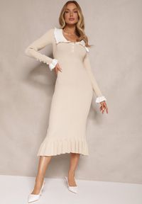 Renee - Beżowa Sukienka Retro z Dzianiny z Wiskozą Zdobiona Kołnierzykiem Zihanne. Kolor: beżowy. Materiał: wiskoza, dzianina. Wzór: aplikacja. Styl: retro #5