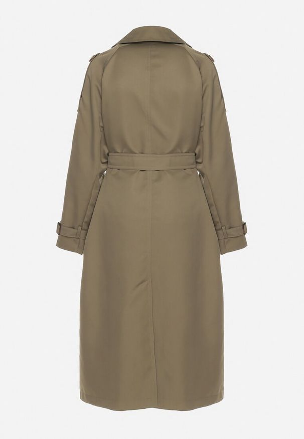 Born2be - Zielony Dwurzędowy Płaszcz Trencz o Oversizowym Kroju z Paskiem Inathara. Okazja: na spacer, do pracy, na co dzień. Kolor: zielony. Materiał: jeans. Wzór: aplikacja. Styl: casual, klasyczny