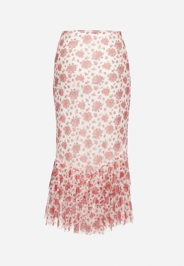 Born2be - Biało-Czerwona Spódnica o Dopasowanym Kroju Zdobiona Falbanką Efririsse. Okazja: na co dzień. Kolor: biały. Wzór: aplikacja. Styl: casual, klasyczny