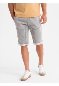 Ombre Clothing - Jeansowe krótkie spodenki męskie z ozdobnymi przeszyciami - jasnoszare V1 - Rozmiar: M. Okazja: na co dzień. Kolor: szary. Materiał: jeans. Długość: krótkie. Styl: wakacyjny, casual