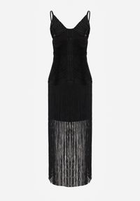 Renee - Czarna Sukienka Koktajlowa na Ramiączkach Zdobiona Frędzlami Wilinsia. Okazja: na wesele, na imprezę, na ślub cywilny. Kolor: czarny. Długość rękawa: na ramiączkach. Wzór: aplikacja. Styl: wizytowy #2