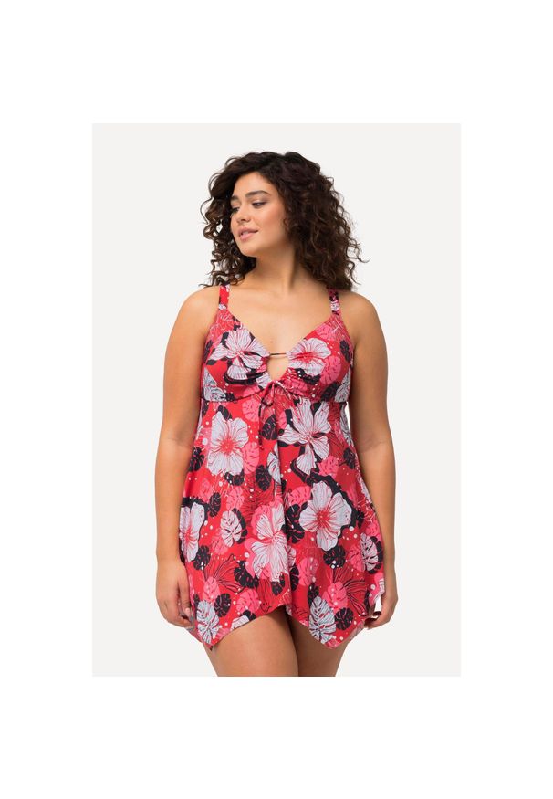 ULLA POPKEN - Damska Sukienka Kąpielowa kwiaty miękkie miseczki wycięcie łezka wydłużone boki. Kolekcja: plus size. Kolor: czerwony. Materiał: poliamid, materiał, elastan. Wzór: kwiaty