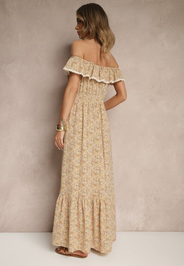 Renee - Żółta Sukienka z Ozdobnymi Falbankami Folanne. Okazja: na co dzień, na spacer, na imprezę. Typ kołnierza: kołnierz z falbankami. Kolor: żółty. Materiał: jeans. Sezon: lato. Typ sukienki: proste. Styl: casual, elegancki