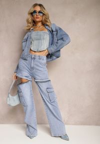 Renee - Niebieskie 2w1 Jeansy Szorty z Szerokimi Kieszeniami w Stylu Cargo Alace. Stan: podwyższony. Kolor: niebieski. Długość: krótkie