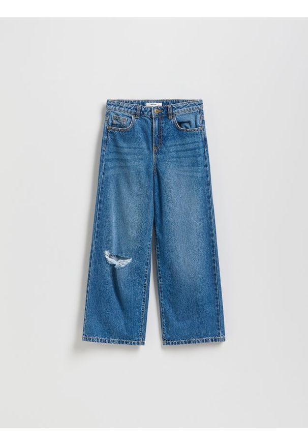 Reserved - Jeansy wide leg z przetarciem - niebieski. Kolor: niebieski