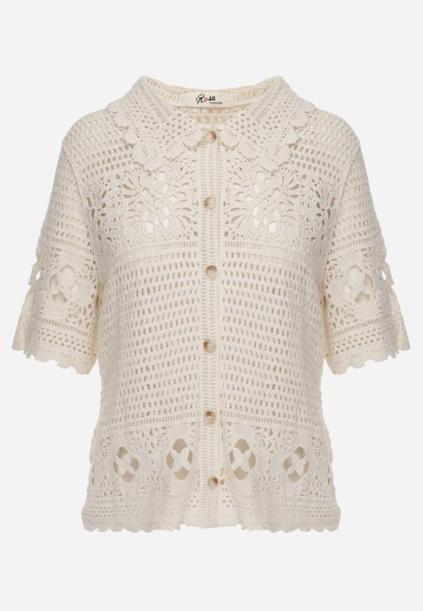 Renee - Beżowy Ażurowy Kardigan z Bawełny z Kołnierzykiem i Guzikami Mleella. Okazja: na co dzień. Kolor: beżowy. Materiał: bawełna. Wzór: ażurowy. Styl: elegancki, klasyczny, casual