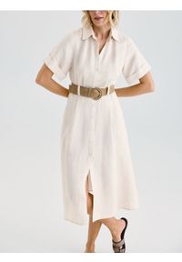 Reserved - Sukienka midi z dodatkiem lnu - beżowy. Kolor: beżowy. Materiał: len. Długość: midi