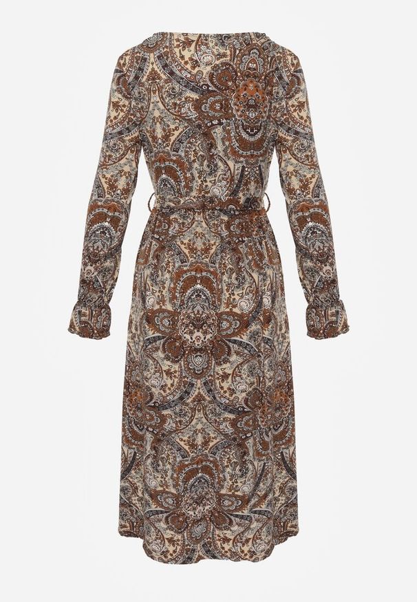 Renee - Brązowo-Beżowa Sukienka Midi z Wzorem Paisley i Gumką w Talii Alynthe. Kolor: brązowy. Wzór: paisley. Typ sukienki: kopertowe. Długość: midi