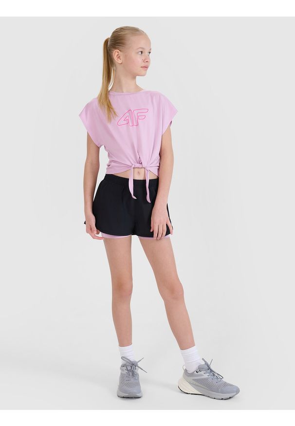 4f - 4F Crop-top sportowy regular z nadrukiem dziewczęcy - różowy 122/128 (6-8 lat). Kolor: różowy. Wzór: nadruk. Sezon: lato. Styl: sportowy
