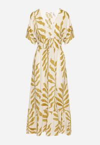 Born2be - Żółta Sukienka z Wiskozy Ozdobiona Liśćmi Erisola. Okazja: na co dzień. Typ kołnierza: dekolt w kształcie V. Kolor: żółty. Materiał: wiskoza. Wzór: aplikacja. Styl: casual, elegancki #2