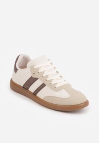 Born2be - Beżowo-Brązowe Sneakersy na Płaskiej Podeszwie z Kontrastowymi Paskami Glaria. Okazja: na co dzień. Zapięcie: pasek. Kolor: beżowy. Materiał: jeans. Wzór: paski. Obcas: na płaskiej podeszwie #7