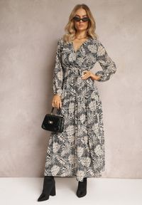 Renee - Szara Sukienka Maxi z Kopertowym Dekoltem i Gumką w Talii Srinika. Kolor: szary. Wzór: nadruk. Sezon: lato, wiosna. Typ sukienki: kopertowe. Długość: maxi #3